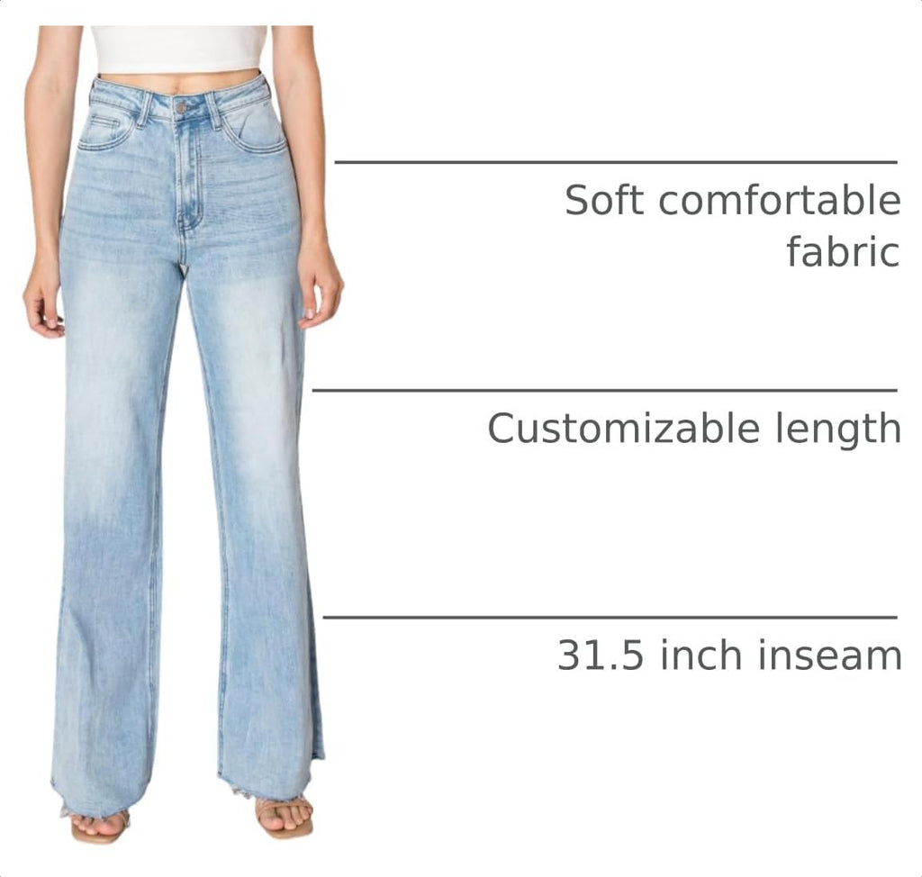ONESO Women's Wide-Leg High-Waisted Stretch Denim Jeans – Trendy Baggy Fit, Tummy Control, Butt-Lifting with Pockets, Raw Hem, Casual Daily Wear