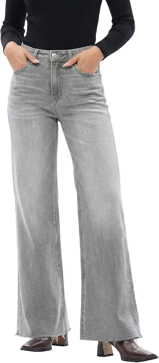 ONESO Women's Wide-Leg High-Waisted Stretch Denim Jeans – Trendy Baggy Fit, Tummy Control, Butt-Lifting with Pockets, Raw Hem, Casual Daily Wear