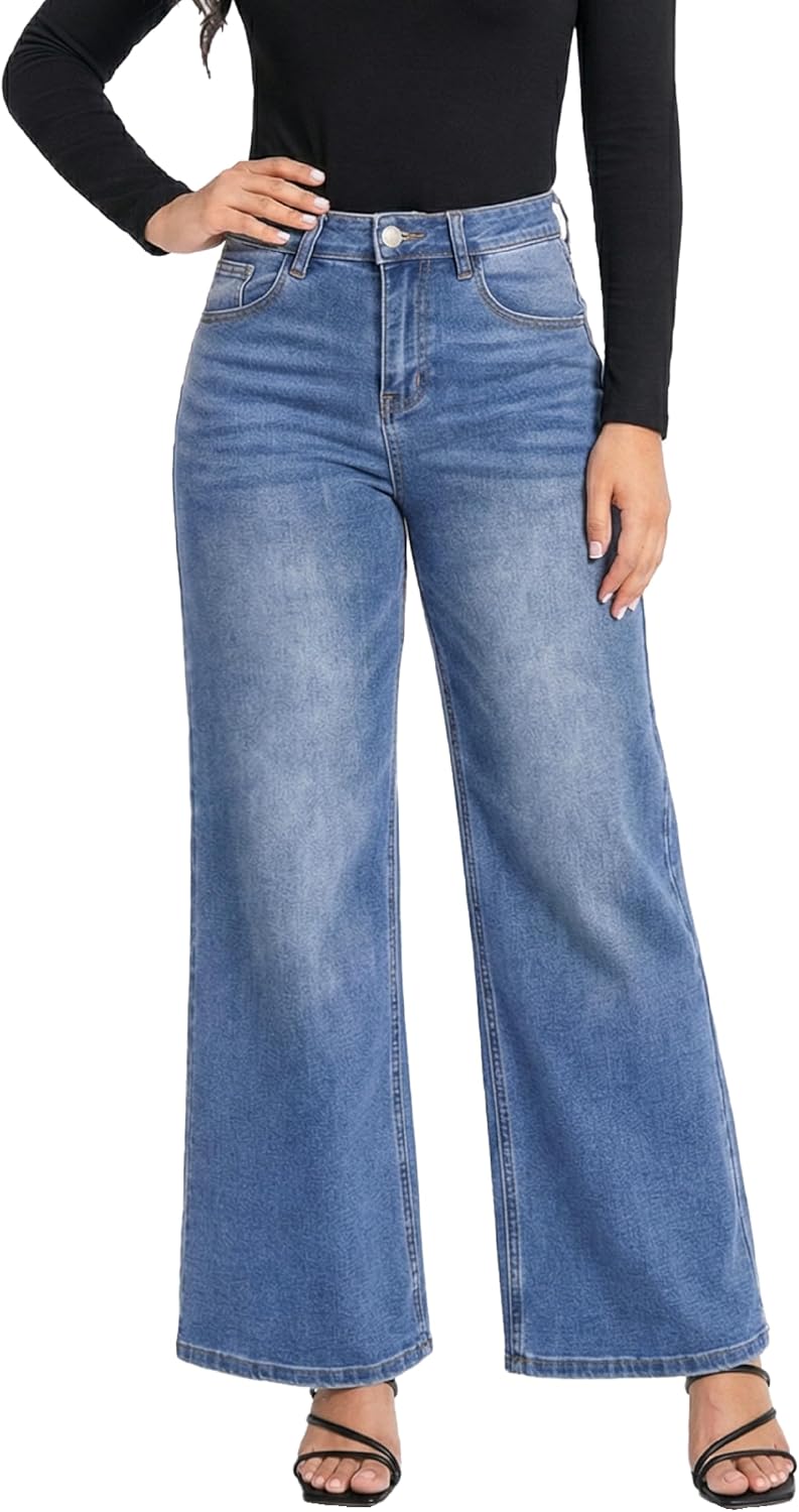 ONESO Women's Wide-Leg High-Waisted Stretch Denim Jeans – Trendy Baggy Fit, Tummy Control, Butt-Lifting with Pockets, Raw Hem, Casual Daily Wear