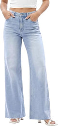 ONESO Women's Wide-Leg High-Waisted Stretch Denim Jeans – Trendy Baggy Fit, Tummy Control, Butt-Lifting with Pockets, Raw Hem, Casual Daily Wear