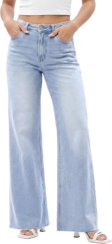 ONESO Women's Wide-Leg High-Waisted Stretch Denim Jeans – Trendy Baggy Fit, Tummy Control, Butt-Lifting with Pockets, Raw Hem, Casual Daily Wear