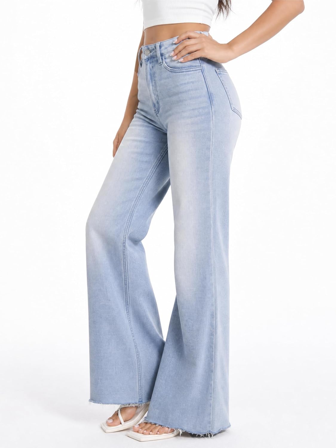 ONESO Women's Wide-Leg High-Waisted Stretch Denim Jeans – Trendy Baggy Fit, Tummy Control, Butt-Lifting with Pockets, Raw Hem, Casual Daily Wear