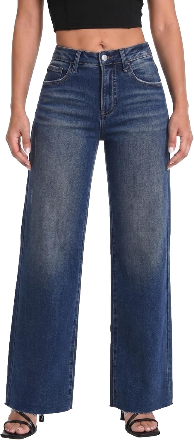 ONESO Women's Wide-Leg High-Waisted Stretch Denim Jeans – Trendy Baggy Fit, Tummy Control, Butt-Lifting with Pockets, Raw Hem, Casual Daily Wear