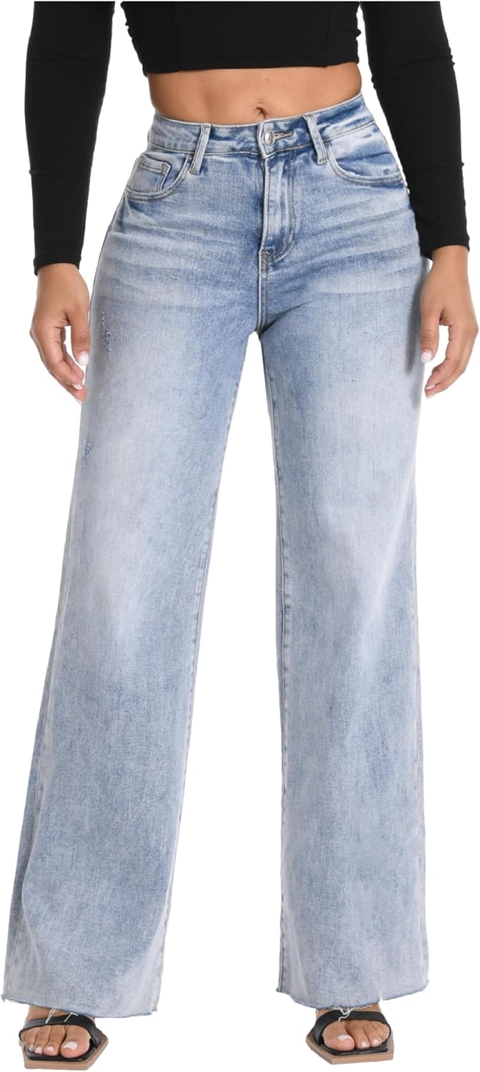 ONESO Women's Wide-Leg High-Waisted Stretch Denim Jeans – Trendy Baggy Fit, Tummy Control, Butt-Lifting with Pockets, Raw Hem, Casual Daily Wear