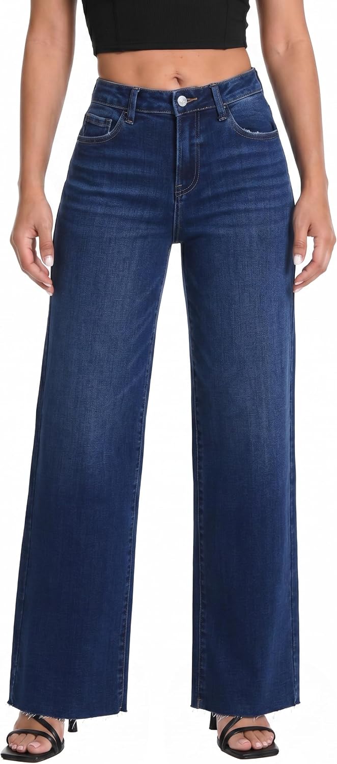 ONESO Women's Wide-Leg High-Waisted Stretch Denim Jeans – Trendy Baggy Fit, Tummy Control, Butt-Lifting with Pockets, Raw Hem, Casual Daily Wear