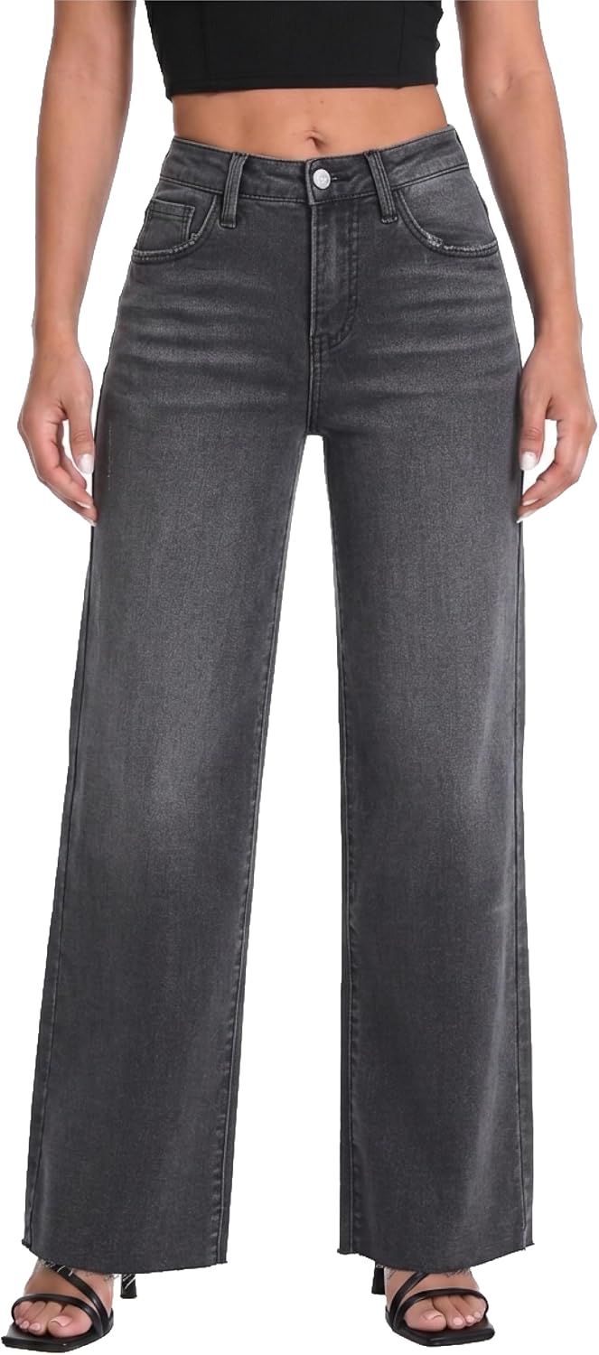 ONESO Women's Wide-Leg High-Waisted Stretch Denim Jeans – Trendy Baggy Fit, Tummy Control, Butt-Lifting with Pockets, Raw Hem, Casual Daily Wear