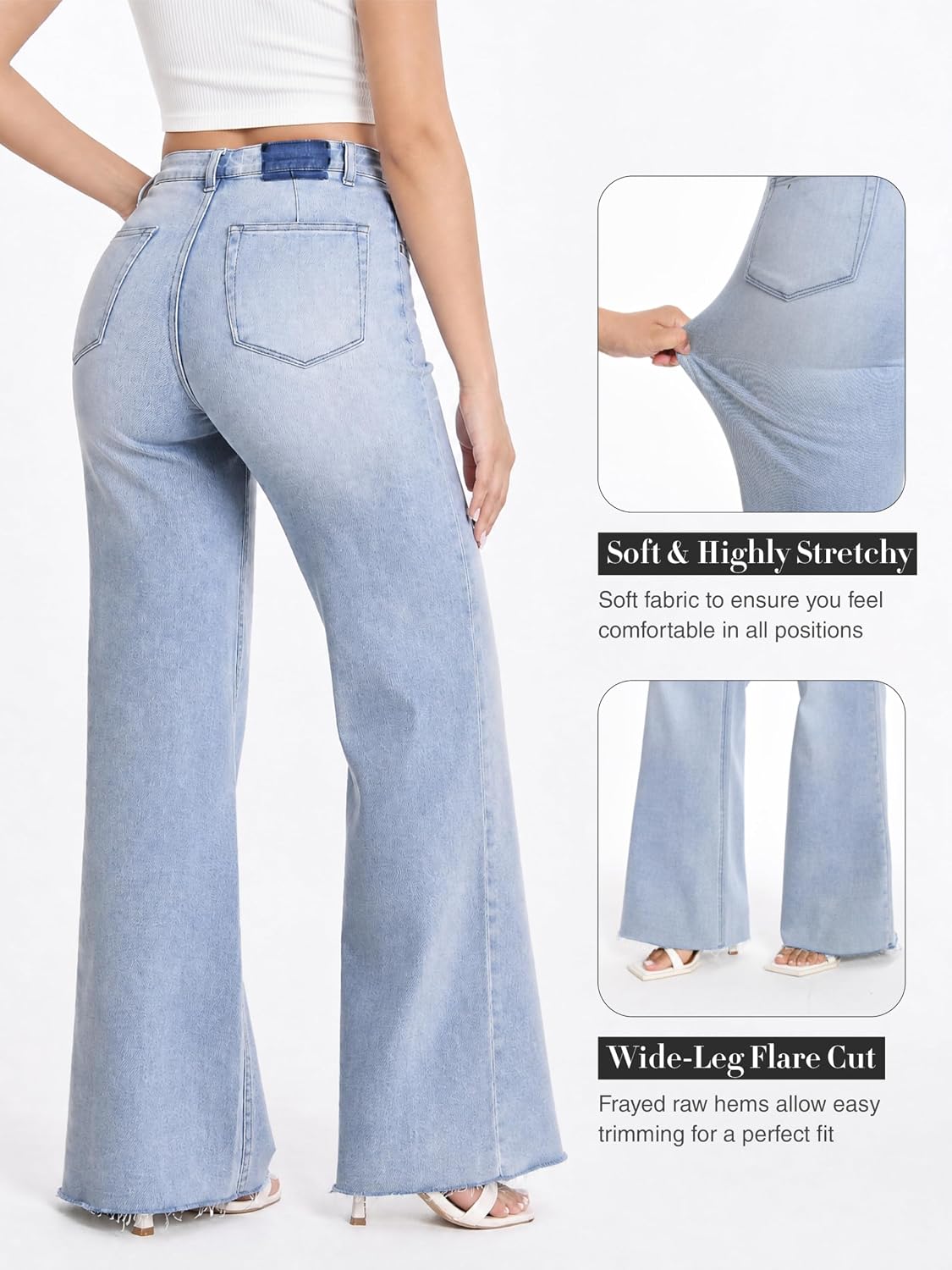 ONESO Women's Wide-Leg High-Waisted Stretch Denim Jeans – Trendy Baggy Fit, Tummy Control, Butt-Lifting with Pockets, Raw Hem, Casual Daily Wear
