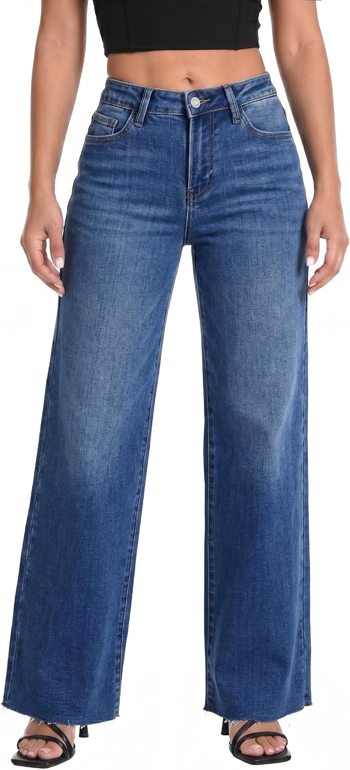 ONESO Women's Wide-Leg High-Waisted Stretch Denim Jeans – Trendy Baggy Fit, Tummy Control, Butt-Lifting with Pockets, Raw Hem, Casual Daily Wear